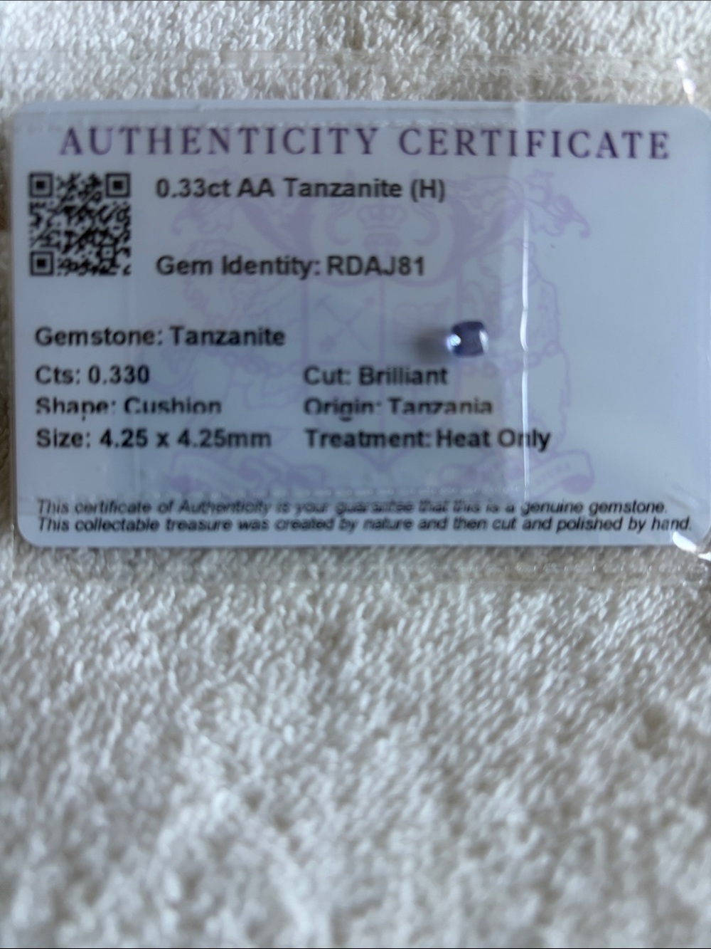 0.33ct Tanzanite Gemstone with Authenticity Certificate